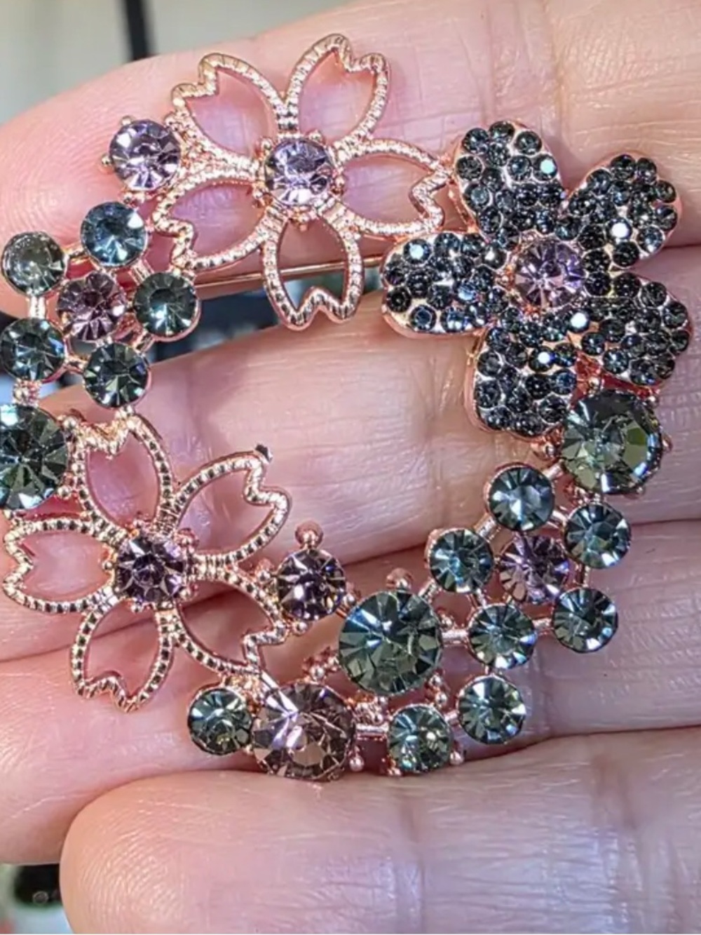 Rose Gold Floral Crystal Brooch - Pink and Green Accents